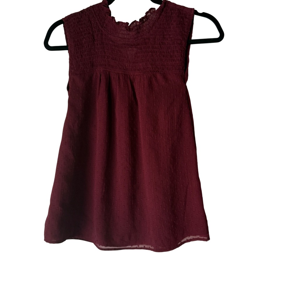 LOFT‎ Burgundy Smocked Neck Swiss Dot Blouse Top Medium Interview Outfit Women